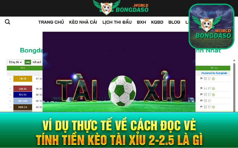 Ví dụ thực tế về cách đọc vè tính tiền Kèo tài xỉu 2-2.5 là gì
